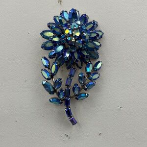 Sherman Blue Aurora Borealis Crystal Floral Brooch JP438
